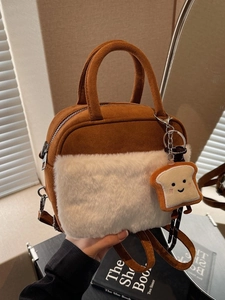 Women Winter Mini Plush Splicing Shoulder Bag Faux Suede Handbag With Cute Toast Charm Korean Casual Crossbody Bag Brown White