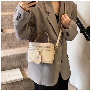 Detail of beige canvas and faux leather handbag with gold zippers and brand tag