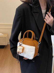 Brown matte square bag with white faux fox fur trim and cute toast plush pendant