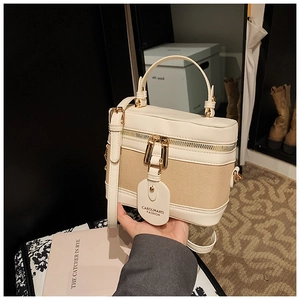 Detail of vintage box-style mini bag in beige canvas and leather with gold zipper