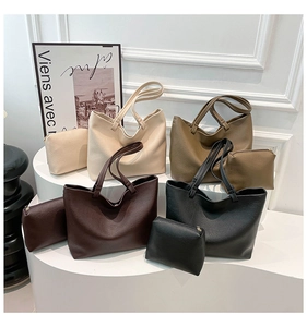 Set of minimalist large capacity leather tote bags with matching zipper pouches in four colors