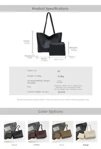 Detailed size chart for large PU leather tote bag and matching small pouch set