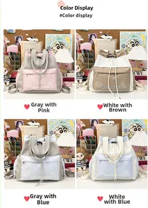Detailed color display of drawstring tote backpacks in canvas with four distinct colorways