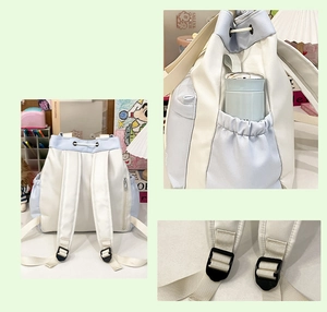 Detail of adjustable straps, back zipper pocket and side pockets on the blue tote backpack