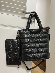 Women Quilted Puffer Tote Bag Metallic Glossy Large Capacity Shoulder Bag With Small Pouch Padded Crossbody Bag For Work Travel
