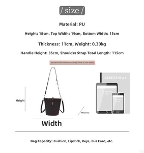 Size chart and proportions for the vintage PU bucket bag with A4 and iPad comparison