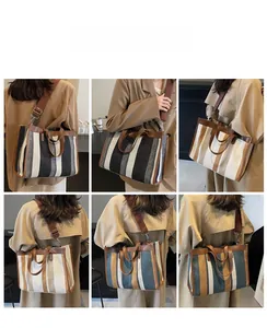 Collage of striped canvas tote bags showing various colors and crossbody style