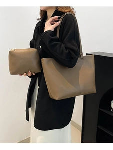 Minimalist large leather tote bag with matching pouch in dark khaki pebble texture