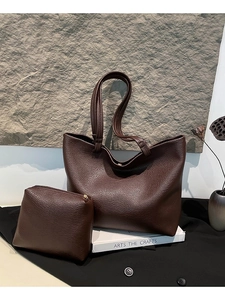 Deep brown lychee textured faux leather large tote bag set with matching small pouch
