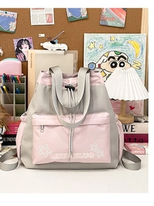 Pink and grey oversized tote backpack with star print and drawstring closure