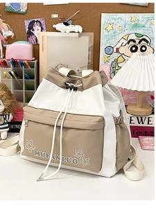 Versatile two-tone khaki and white tote backpack with drawstring closure and large pocket