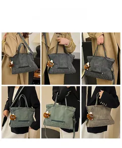 Detailed views of vintage rivets and plush bear charm on a large faux leather tote bag