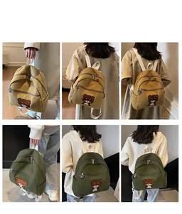 Collage of model showcasing corduroy backpack with bear embroidery in yellow and green