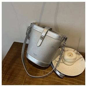 Close-up of metallic silver bucket bag featuring litchi texture and chain strap