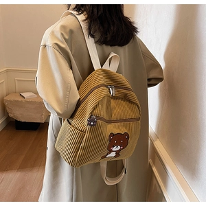 Detail of corduroy backpack showing bear embroidery and cute bear zipper pendant