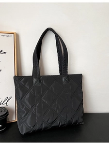 Minimalist black quilted nylon tote bag with rhombus stitching and large capacity