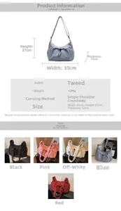 Detailed size specifications and material chart for the corduroy tote bag in multiple colors