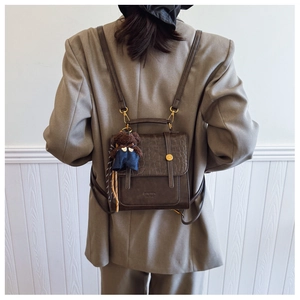 Detail of vintage brown crocodile pattern backpack with plush bear and gold metal buckle