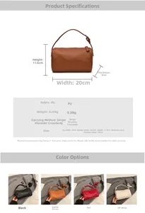 Tableau des tailles et détails du sac polochon en cuir PU disponible en quatre couleurs