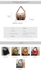 Detailed size chart and specifications for the large khaki nylon tote bag with drawstring straps