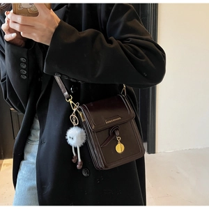 Detail of dark brown vintage shoulder bag with glossy finish and plush monster charm