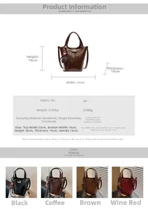 Detail view of the PU leather bucket bag with dimensions and cute plush bear accessory