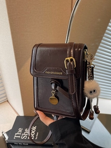 Women Fashion Glossy PU Leather Crossbody Phone Bag Minimalist Small Square Flap Shoulder Bag With Plush Charm For Lady