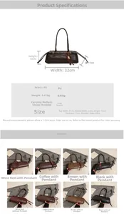 Tableau des tailles détaillé et options de couleurs pour sacs portés épaule vintage