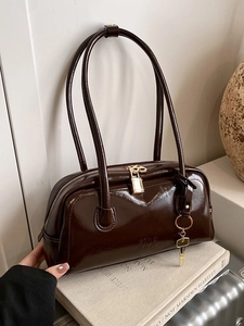 Women Vintage Glossy PU Leather Shoulder Bag Large Capacity Bowling Pillow Bag With Metal Lock Key Charm Fashion Handbag