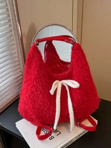 Women Winter Fashion Plush Bowknot Tote Bag Large Capacity Woolen Shoulder Handbag Korean Style Versatile Crossbody Bag
