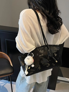 Vintage black patent leather tote bag with long straps and white plush pendant for women