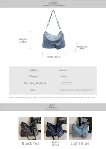 Size specifications and multi-color options of the denim crescent tote bag with chain
