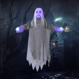 Διακόσμηση φαντάσματος Halloween με λευκά μαλλιά και μωβ φώτα LED που λάμπουν