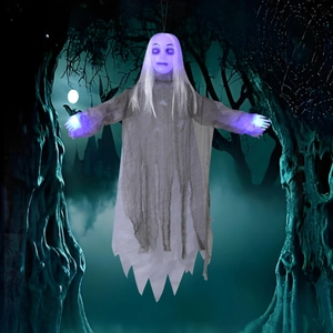 Κρεμαστή διακόσμηση φαντάσματος Halloween με λευκά μαλλιά και μπλε φώτα LED