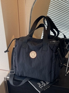 Women Large Capacity Fabric Tote Bag Casual Crossbody Shoulder Bag With Bear Patch And Drawstring Fashion Handbag Daily Bag