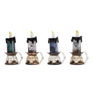 Set di 4 candele LED di Halloween con teschi, motivi gotici ed effetto cera sciolta