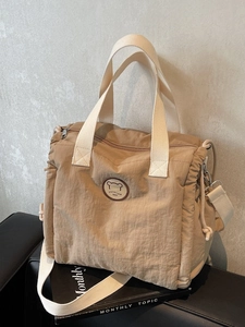 Khaki large capacity canvas tote bag with fashion bear patch and adjustable shoulder strap