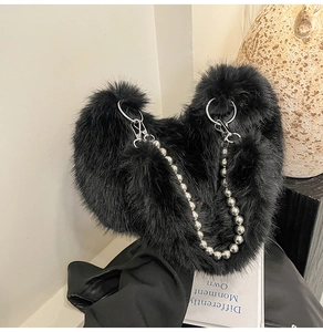 Detail of soft black faux fur handbag featuring chunky silver metallic bead chain strap