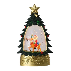 Weihnachtsbaum Schneekugel mit Weihnachtsmann und Rentier auf goldenem Sockel