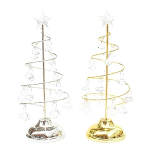 Modern spiral metal Christmas trees in gold and silver with crystal pendants and LED stars