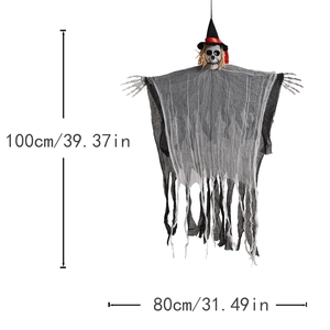 Detailed dimensions of 100cm hanging skeleton ghost with witch hat for Halloween decor
