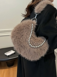 Chic fluffy taupe faux fur crescent underarm bag with decorative silver bead chain
