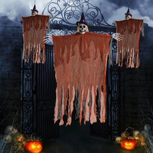 Hanging Halloween skeleton ghost decoration with witch hat and orange mesh robe for party