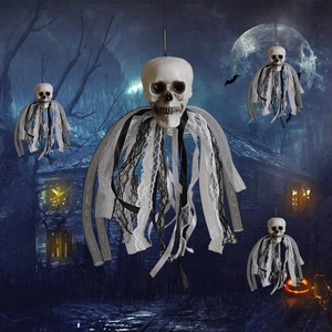 Spooky Halloween hanging skull ghost decor with lace fabric for haunted house party