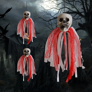 Halloween hanging skull ghost with red and white lace mesh for party decoration props