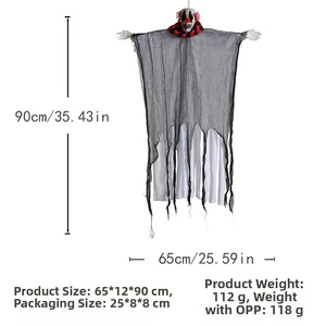 Hanging Halloween clown ghost prop details with mesh fabric and size specs 90cm by 65cm