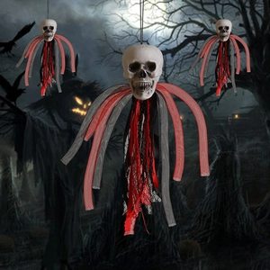 Halloween hanging skeleton ghost with red and black lace ribbons for spooky party decor