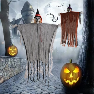 Hanging Halloween skull ghosts with witch hats and flowing gauze for spooky party decor