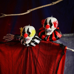 Halloween hanging clown skeleton decorations with red noses and striped collars for party decor