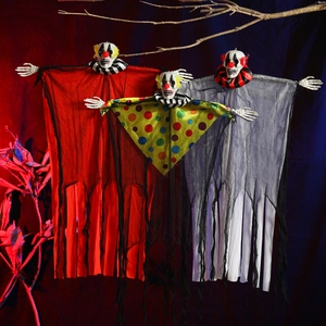 Three hanging clown skeletons with red, gray and yellow polka dots for Halloween decor